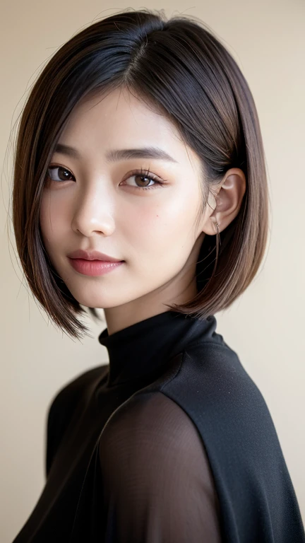 (((close-up of face)))、(((absolutely shoulder-length brown straight short bob)))、(((she is posing like a hair salon model, with ...