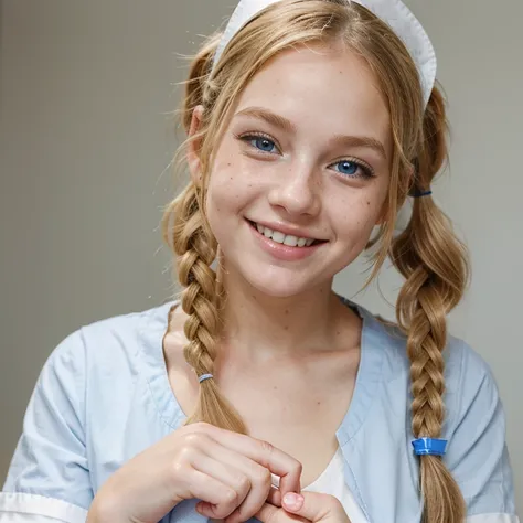 Curly blonde girl with pigtails, freckles on her cheeks and nose, blue eyes, smiles happily with her hand under her chin, dressed as a nurse