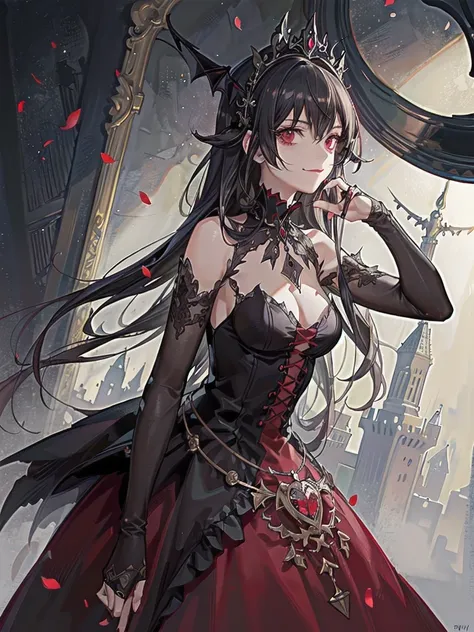 whole body, Gothic red dress, vampire, (in castle), creepy smile, ((absurdres, extremely delicate and beautiful, masterpiece, Best Quality, ultra high resolution, 32k, ultra-detailed)), 