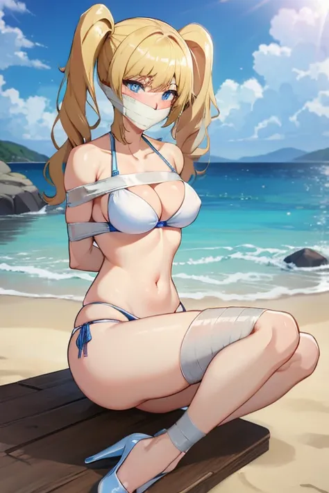 1 girl, blue detailed eyes, Long blonde hair, twintails, body long hair, hochgesteckte Haare, improvisierter Knebel, Klebebandknebel, GEKNEBELT, Klebeband, festgebunden, Arms behind the back, gefesselte Arme, white bikini, blushing, Tape gag, sitting, beac...