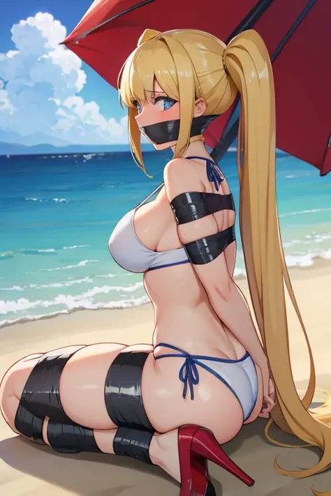 1 girl, blue detailed eyes, Long blonde hair, twintails, body long hair, hochgesteckte Haare, improvisierter Knebel, Klebebandknebel, GEKNEBELT, Klebeband, festgebunden, Arms behind the back, gefesselte Arme, white bikini, blushing, Tape gag, sitting, beac...