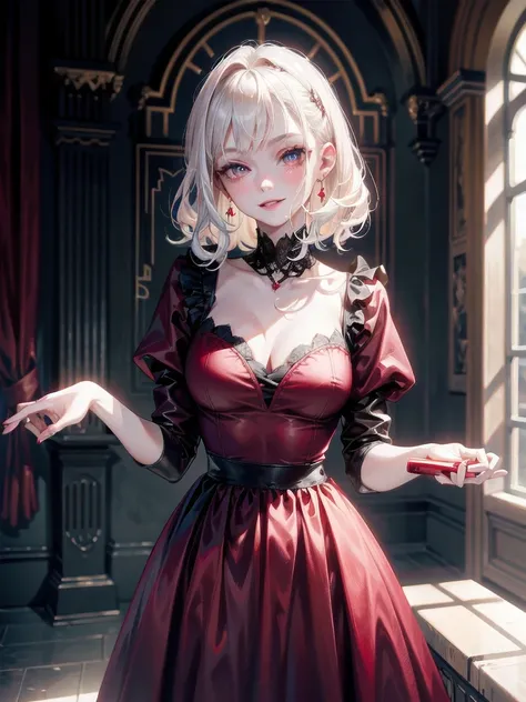 whole body, Gothic red dress, vampire, (in castle), creepy smile, absurdres, RAW photo, extremely delicate and beautiful, masterpiece, Best Quality, ultra high resolution, 32k, hyperrealistic, ultra-detailed, detailed description, pale skin, 20 years old, ...