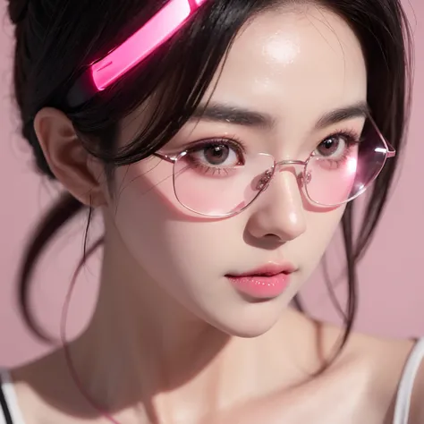 Close-up of a woman with black hair, artwork in Guvez style, Guvez, kawaii realistic portrait, Inspired by Cheng Yanjun, glowing Pink face, Pink girl, Beautiful anime portrait, Pink glasses, glowing Pink eyes, Realistic anime 3D style, Yanjuncheng, Realist...