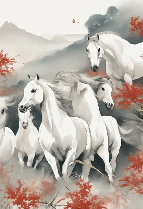 Width，grassland，White background , Eight Chinese horses，Ink, Oriental elements, Reasonable design, clear lines

