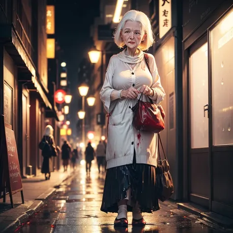 (white-haired throw out back old woman:1.3),walking through the city late at night,elegant cardigan and skirt,(dripping blood ca...