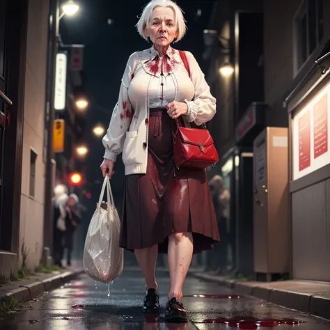 images that make feel uneasy,(white-haired throw out back old woman:1.3),walking through the city late at night,elegant cardigan...