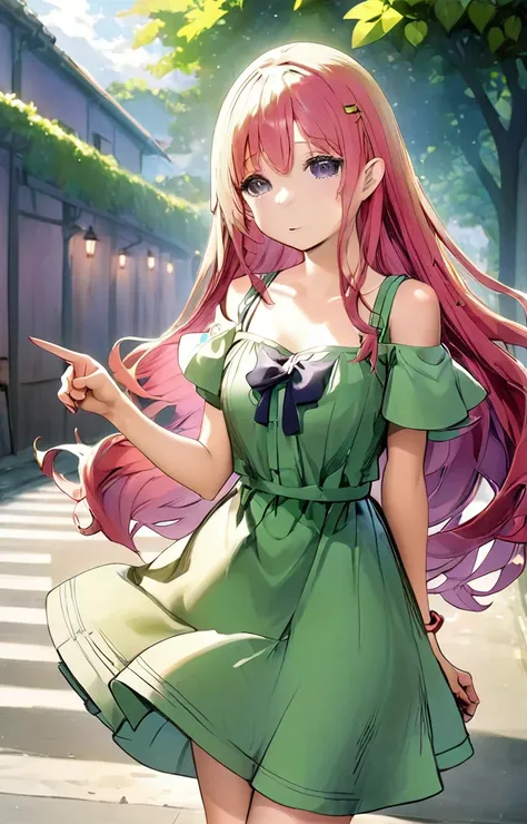 1girl, pink long hair, violet eyes, wearing green dress, red sandals, female , convincing someone, persuading someone pose, pointing finger up, high res, ultrasharp, 8K, masterpiece