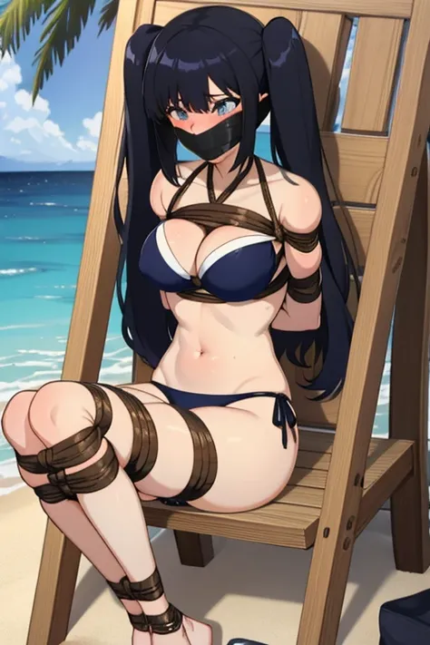 1 girl, detailed eyes, Long black hair, twintails mit schwarzen schleifen, body long hair, hochgesteckte Haare, improvisierter Knebel, (Klebebandknebel:1.5), GEKNEBELT, Klebeband, festgebunden, Arms behind the back, gefesselte Arme, schwarzer Bikini, blush...