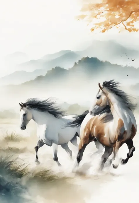 grassland，White background , Eight Galloping Chinese Horses，Chinese painting style, Oriental elements, Reasonable design, clear lines，Reasonable layout，Eight Juntu