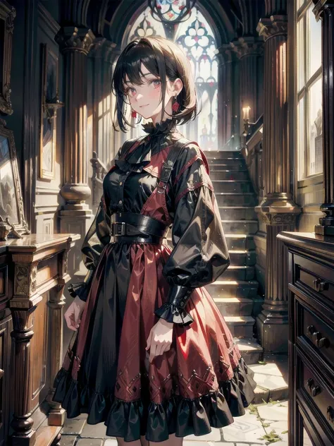 whole body, gothic red dress, vampire, (in castle), creepy smile, absurdres, raw photo, extremely delicate and beautiful, master...