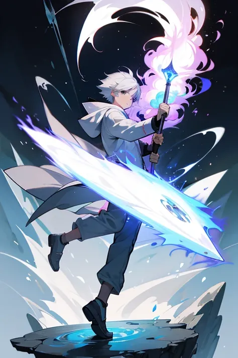 12 year old boy, snow white hair, grey eyes, full body, polar bear Jacket, elemental watch, Giant white Mallet, Elemental Hero, Elemental Magic, Fire, Water, Earth, Air,