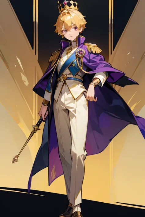 12 year old boy, golden hair, violet eyes, full body, hawk Jacket Coat, prince crown, royalty bracelets, royalty sceptre, noble prince, empire, heir to the throne,