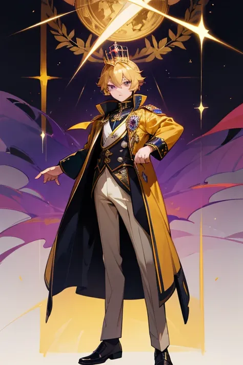 12 year old boy, golden hair, violet eyes, full body, hawk Jacket Coat, prince crown, royalty bracelets, royalty sceptre, noble prince, empire, heir to the throne,