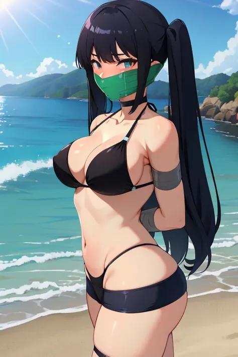 1 girl, detailed eyes, Long black hair, twintails mit schwarzen schleifen, body long hair, hochgesteckte Haare, improvisierter Knebel, (Klebebandknebel:1.5), GEKNEBELT, Klebeband, festgebunden, Arms behind the back, gefesselte Arme, schwarzer Bikini, blush...