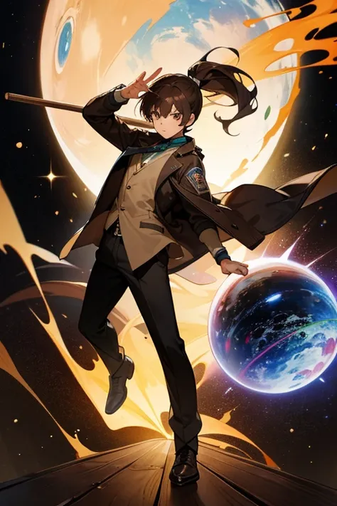 12 year old boy, brown hair, brown eyes, full body, horse jacket vest, male ponytail, wooden rod, schoolboy, multiverse, galaxy, 