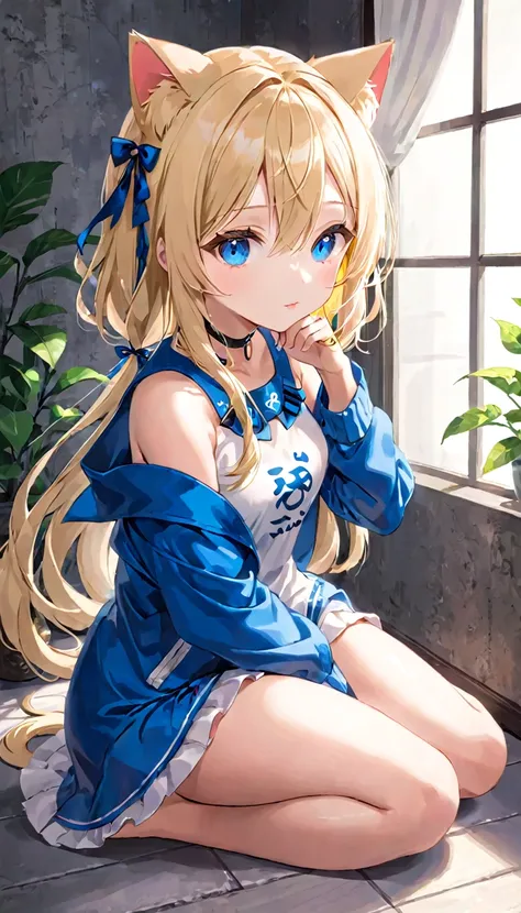 blue eyes、blonde、cat ears、low length、sitting pose