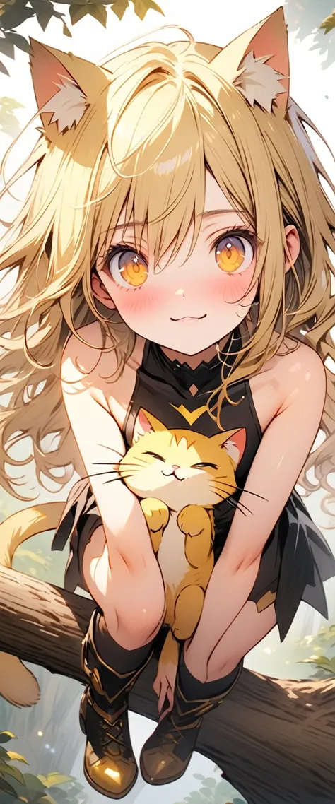 ((masterpiece)), ((best quality)), ((high resolution)), ((Extremely detailed CG unified 8k wallpaper)), ((on a tree branch in the deep forest:1.3)), ((cat woman cartoon character, Pointed cat ears, wavy blonde hair, yellow cat eyes, cat tail, Bare Skin:1.2...