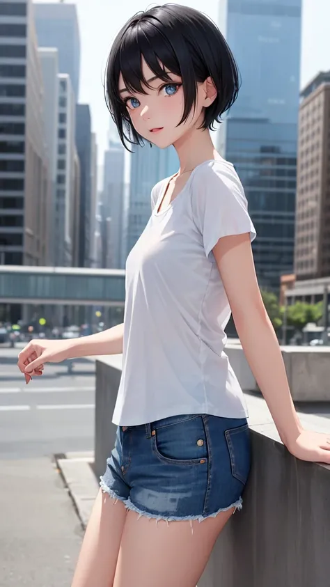 1girl, short black hair, blue eyes, wearing plain white shirt, denim shorts, city, absurdres, high res, ultrasharp, 8K, masterpiece, looking at viewer