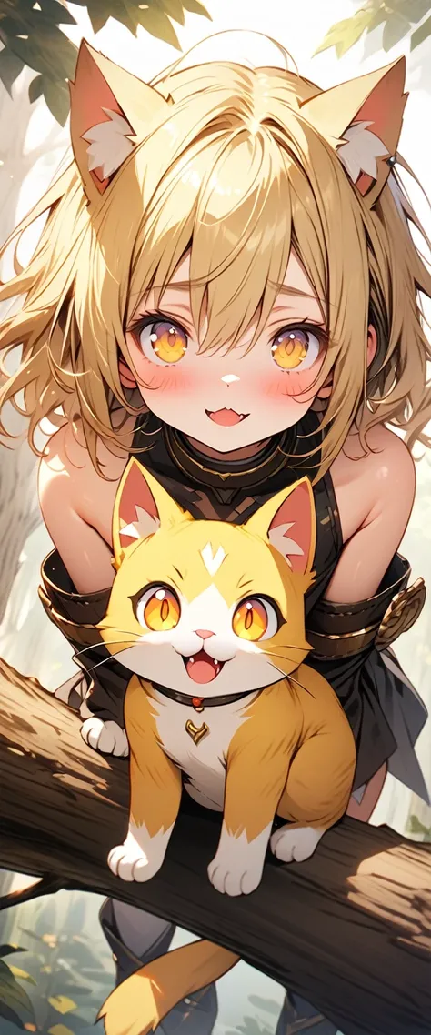 ((masterpiece)), ((best quality)), ((high resolution)), ((Extremely detailed CG unified 8k wallpaper)), ((on a tree branch in the deep forest:1.3)), ((cat furry cartoon character, female, Pointed cat ears, wavy blonde hair, yellow cat eyes, cat tail, Bare ...