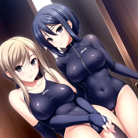 undressing ridersuit,2girls,smile