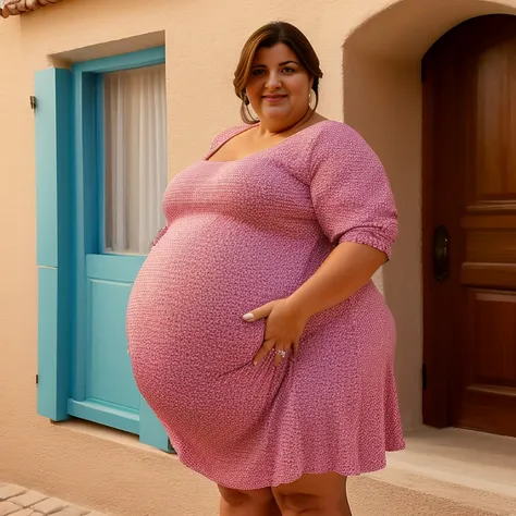 Extremely Hyperpregnant Spanish woman with huge belly wearing a dress