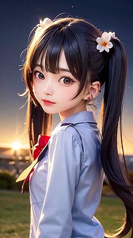 Small face、(highest quality, masterpiece), One girl, Twin tails、Pause, particle, Wind, flower, Upper Body, Simple Background, View your viewers, , Milky Way,smile、（red、purple、Mixed color long hair）、cute、Twin tails、blue sky、cherry blossoms、、Small Earrings、（...