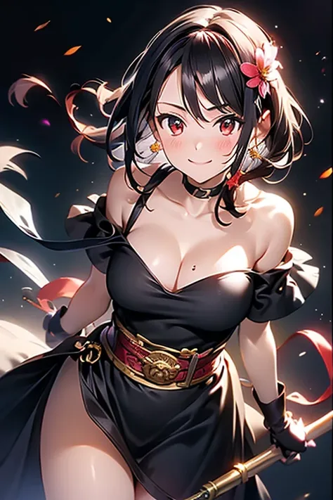 yor briar, anime style beutiful woman, 1girl, happy, smile, red face, closed mouth, beautiful detailed eyes, super detailed skin, backlighting, bare shoulders, black background, black dress, black gloves, black hair, breasts, dress, earrings, fingerless gl...