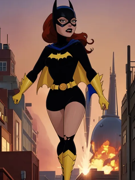 score_9, score_8_up, score_7_up, score_6_up, 1girl, solo, batgirl is running in front of an explosion, mask, black lips, red hai...