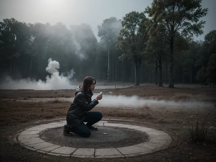 angelinak, sfw, ((sfw)), woman kneeling outdoor  in a playground.  the character is surrounded by mist, evoking a mysterious and...