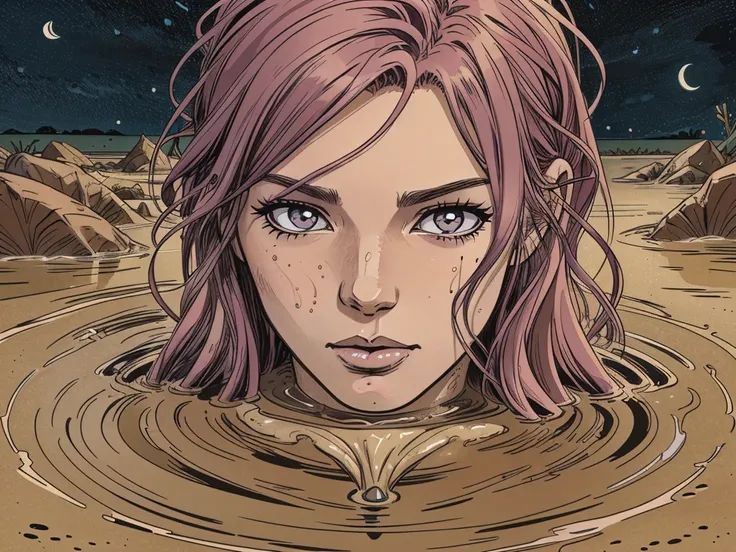 vector image, 2d cartoon,masterpiece,close-up:1.2, anime, 1woman head,colored hair, blush, drowned up to head,gloomy orgasm:1.2,swallowed by quicksand swamp, night sky, no body