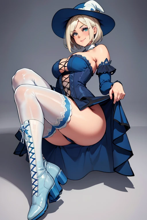 female, gold short hair with white highlights, blue eyes, (((1girl))), (((blue gothic dress with white trim))), (blue witch hat with white trim), (blue lace up ankle boots), (white stockings), cute and sexy, full body, large breasts, large butt, long legs,...