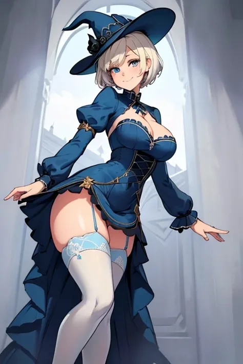 female, gold short hair with white highlights, blue eyes, (((1girl))), (((blue gothic dress with white trim))), (blue witch hat with white trim), (blue lace up ankle boots), (white stockings), cute and sexy, full body, large breasts, large butt, long legs,...