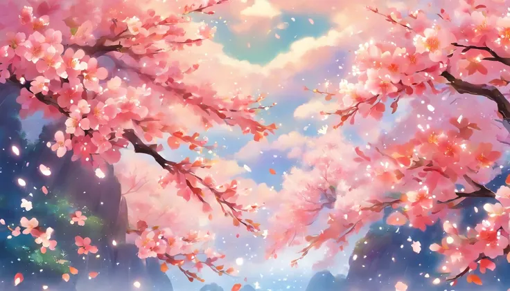 A painting of flowers with stems and leaves, sakura blossoms, flowing sakura-colored silk, sakura blooming in the background, sakura, sakura, Japanese words related to flowers, plum blossoms, made by an illustrator, sakura, sakura blue moon, flowing sakura...