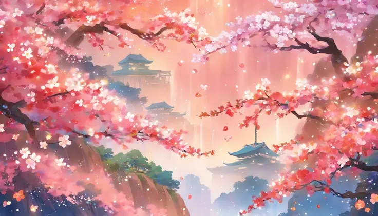 A painting of flowers with stems and leaves, sakura blossoms, flowing sakura-colored silk, sakura blooming in the background, sakura, sakura, Japanese words related to flowers, plum blossoms, made by an illustrator, sakura, sakura blue moon, flowing sakura...