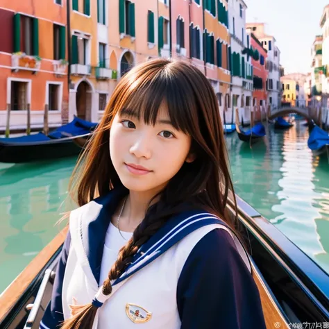 ゴンドラに乗って、こちらを見つめる女子高生