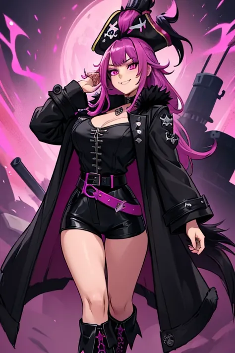 female, black long hair with magenta highlights, silver eyes, black wolf ears, black wolf tail (((1girl))), (((black pirate coat with magenta trim))), (black pirate hat), (white blouse), (black belt), (black pants), (black boots), cute and sexy, full body,...