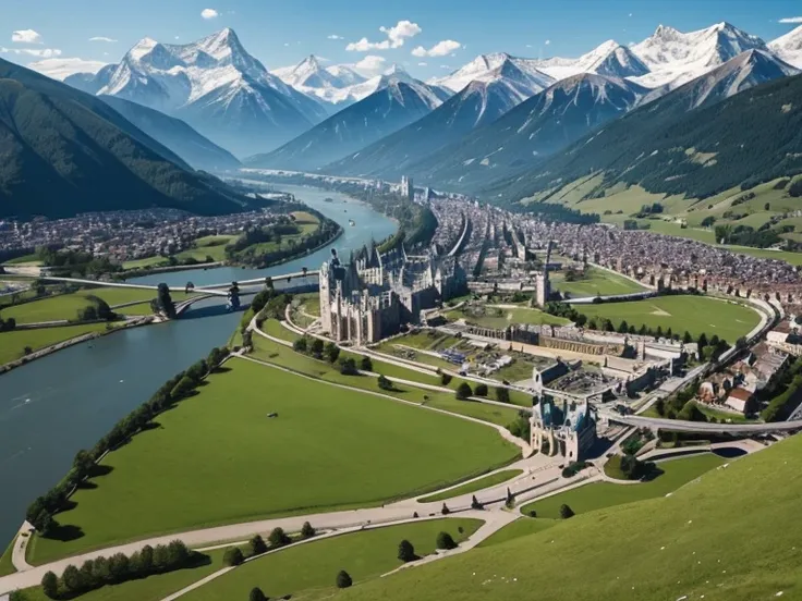 a medieval city with a green grass field, with the citizens houses and the citys center, alongside with the royal castle nearby a wide river from far and a view of a snowy mountain