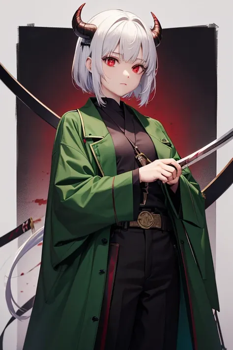 He was wearing a dark green coat and trousers.、A 14-year-old girl with red eyes and white hair, holding a Japanese sword、There is blood in my hair、They even kill people.。Demon of Vengeance