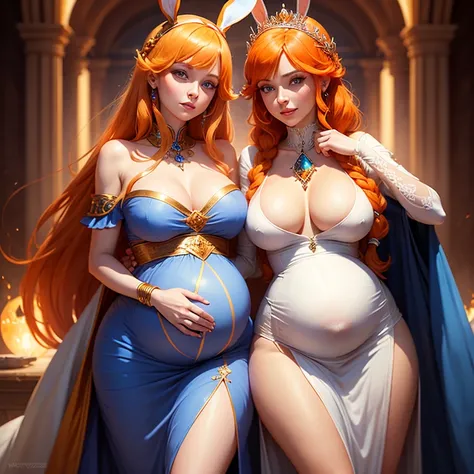 Beautiful pregnant female sorceress, elegant formal detailed and tight white dress with orange details, blue gems, mature, bunny ears, orange hair, princess braid, piercing blue eyes, wants to have sex with me, cleavage 