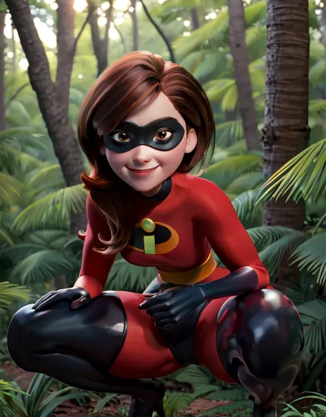 ((best quality)), ((highly detailed)), colourful, masterpiece, absurdres, (detailed eyes, deep eyes), (1girl), upper body}, helenparr, brown hair, brown eyes, smiling, domino mask, mask, bodysuit, black elbow gloves, thighhighs, thigh boots, (outdoors, in ...