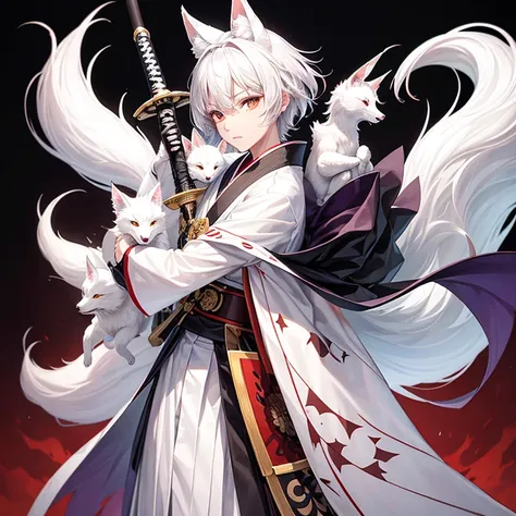  Male, Round face, Kitsune, White short hair, Pointy white fox ears, soft white skin, wears a purple-and-black hexagonal patterned nagagi kimono and black umanori-styled hakama pants tied with a white uwa-obi and on the left hip there is a katana that was ...