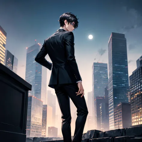 1boy, short black hair, blue eyes, wearing all black suit, midnight, full moon, city, absurdres, high res, ultrasharp, 8K, masterpiece, looking from the back