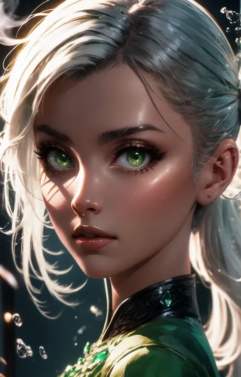 masterpiece, best quality, ultra-detailed, illustration, 1girl, cirilla, white hair, tied in ponytail,emerald green eyes, (close-up:0.5), straight on, face focus , highly detailed skin, standing, looking at viewer, black eyeliner, smokey eyes, (3D:0.5)