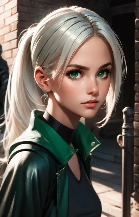 masterpiece, best quality, ultra-detailed, illustration, 1girl, cirilla, white hair, tied in ponytail,emerald green eyes, (close-up:0.5), straight on, face focus , highly detailed skin, standing, looking at viewer, black eyeliner, smokey eyes, (3D:0.5)