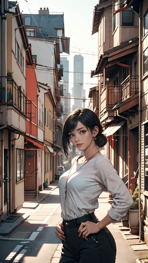 Midgar City style、Apartment building with cityscape in the background、White woman、smile、Place hands on hips、Low - Angle