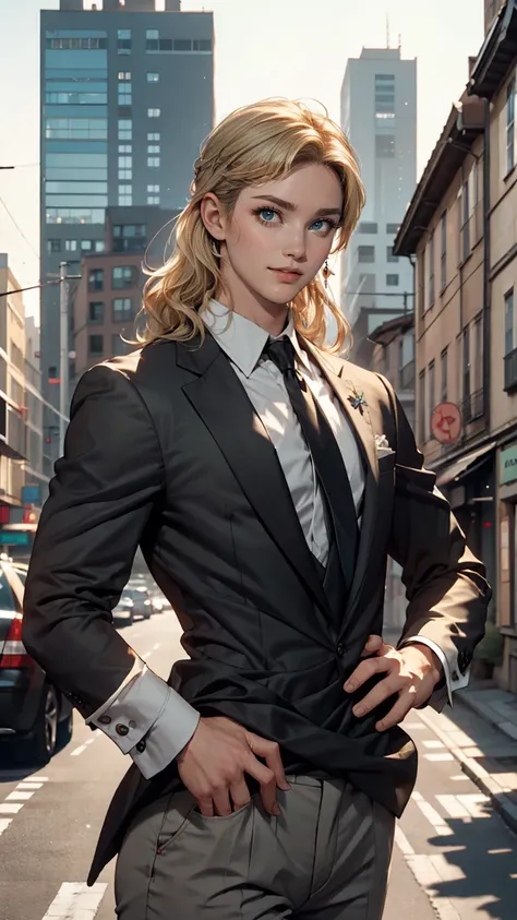 Midgar City style、Apartment building with cityscape in the background、White woman、blue eyes、Platinum Blonde、long hair、Tie your hair with a ribbon、smile、Place hands on hips、Low - Angle