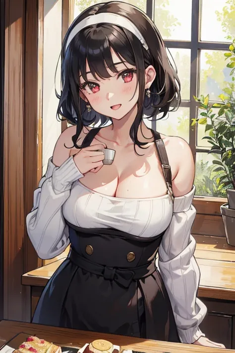 masterpiece, 1girl, Amazing Cleavage:1.3, thin waist, big ass, Raised sexy, medium breast:1.3,posed cleavage:1.2,solo, looking at viewer, open mouth, have a cup of coffee,black hair, red eyes, dress, bare shoulders, jewelry, collarbone, sidelocks, hairband...