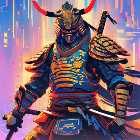 male samurai with cyberwear, digital illustration, detailed, poster
