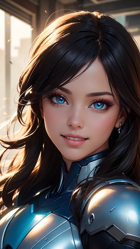 (best quality, ultra-detailed, photo-realistic:1.37), bright and vibrant colors, studio lighting, playful expression, stylish makeup, long dark hair flowing in the wind, alluring eyes, glossy lips, action pose, Reploid, Cyberspace, Megaman X, Zero, smiling...