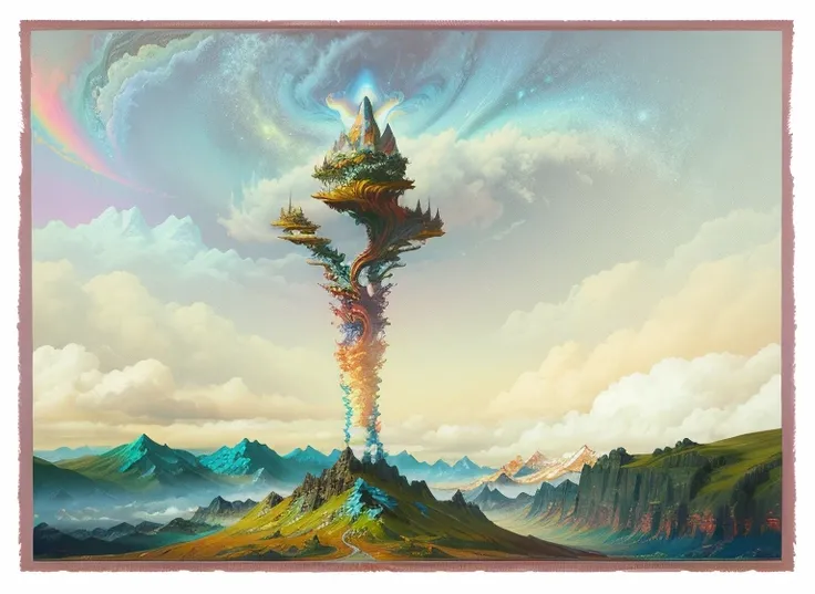 Close-up of a painting of a mountain against the sky, complex digital painting, Psychedelic clouds, Psychedelic surrealist art, Surreal psychedelic design, Highly detailed 4k digital art, Psychedelic Digital Art, Psychedelic illustration, Psychedelic art s...